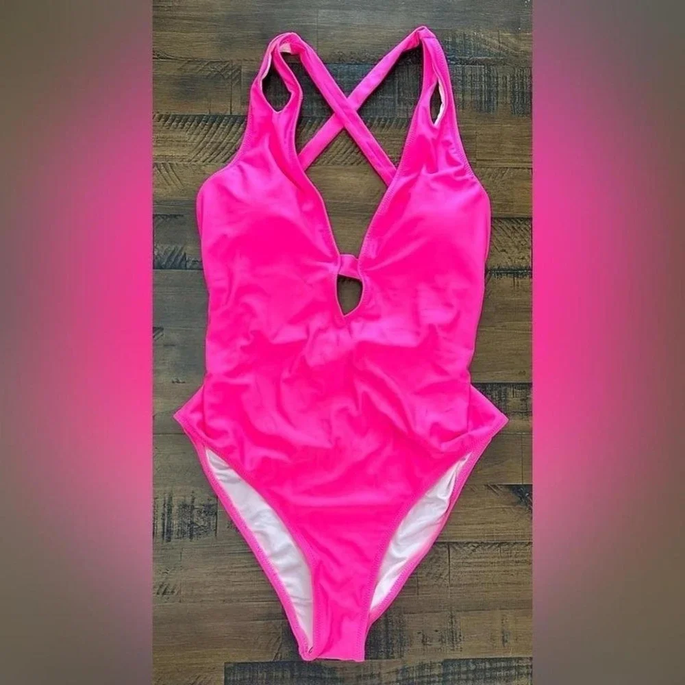 NWT Pink LARGE Cupshe Plunging Neck One Piece Swimsuit Cutout Bathing Suit